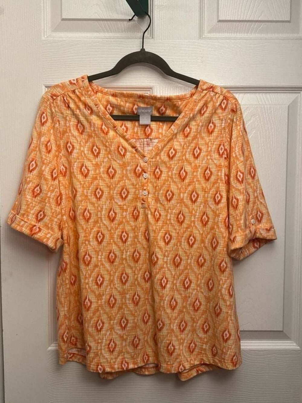 Chico's Orange Blossom Cotton Elbow Sleeve Henley Tee size 2
